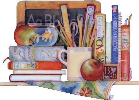 Bookshelf with apples, chalkboard, pencils, and classic textbooks